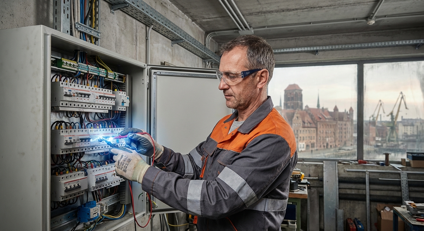 Profesjonalny elektryk w Gdańsku pracujący przy rozdzielni elektrycznej